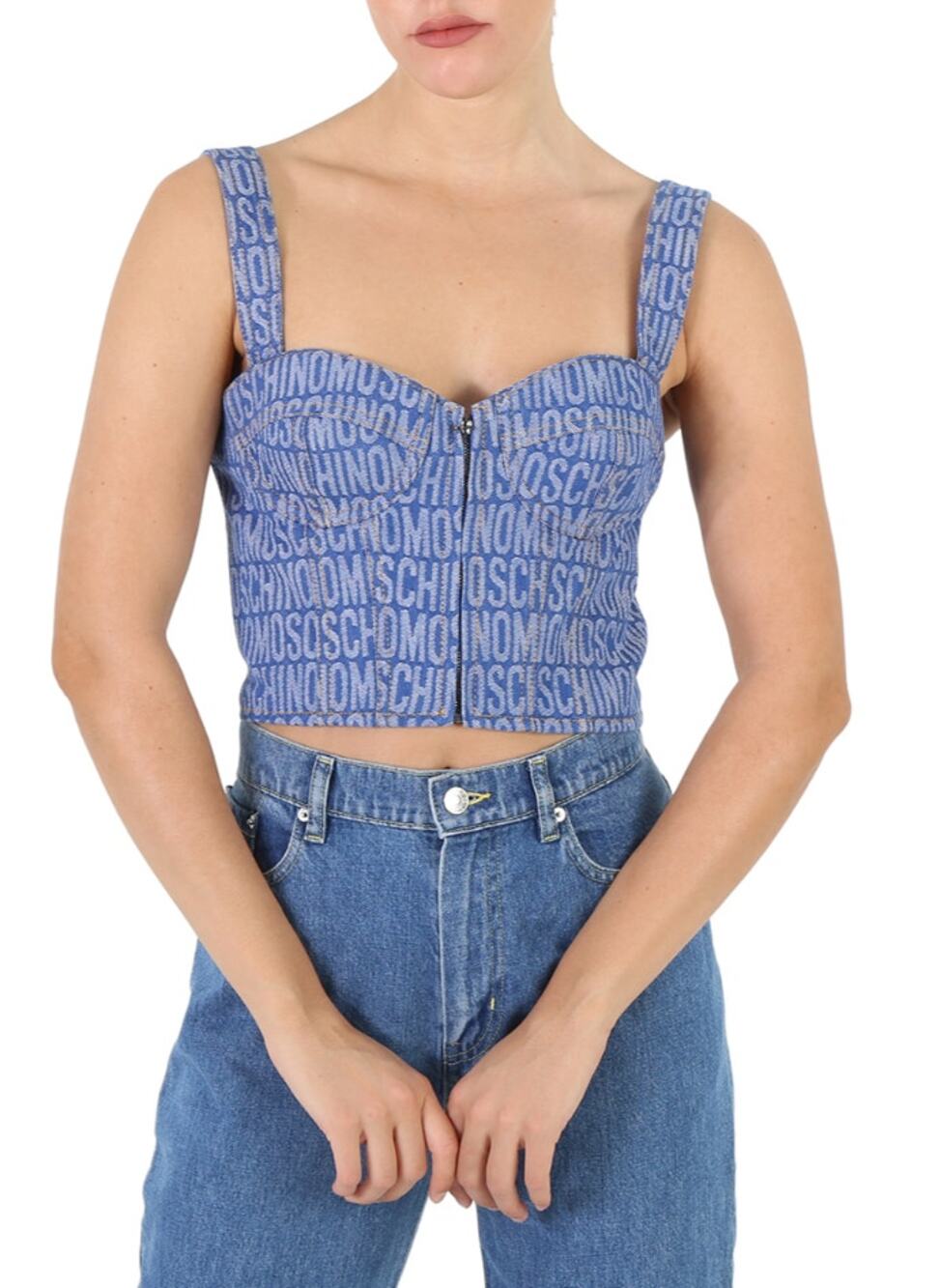 MOSCHINO Italian It-Girl Blue Monogram Denim Corset Crop Top NWT US 2
